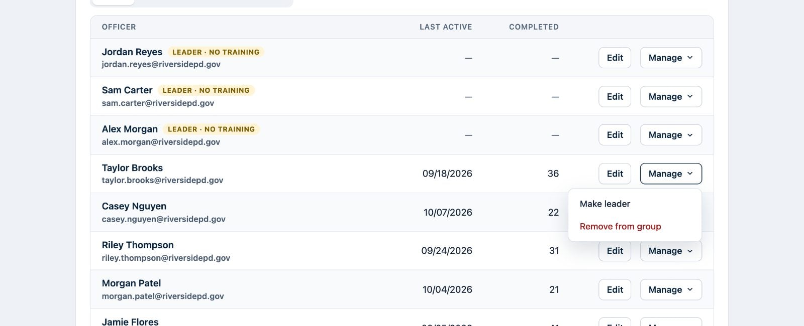 Manage menu open on an officer row with Make leader and Remove from group